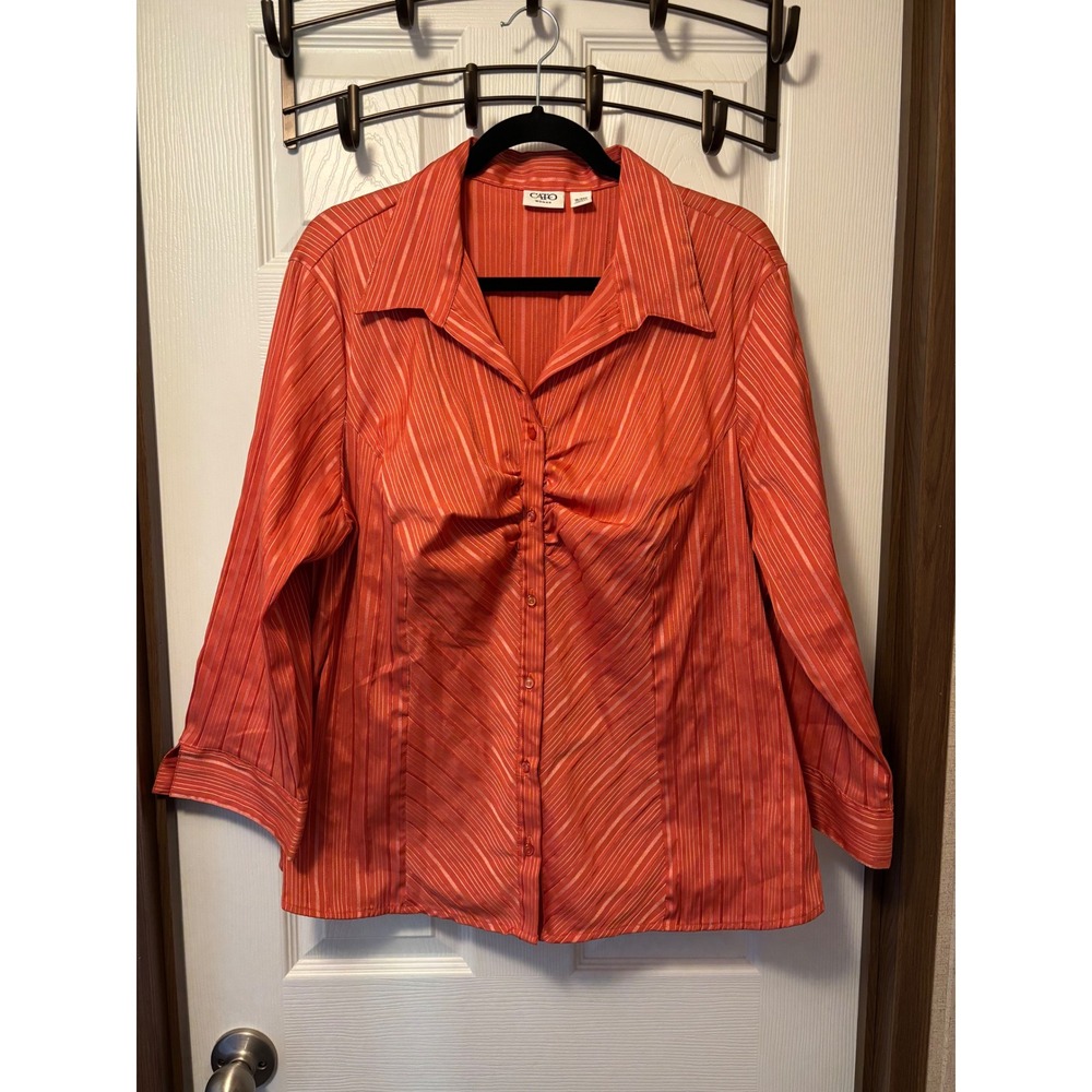 Cato Woman Orange Striped Ruched Button Front Blouse 18/20W